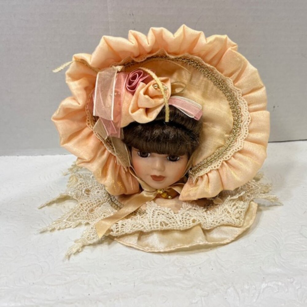 DanDee Porcelain Victorian Doll Head Tree Ornament Lace Gold Trim Roses Ribbons